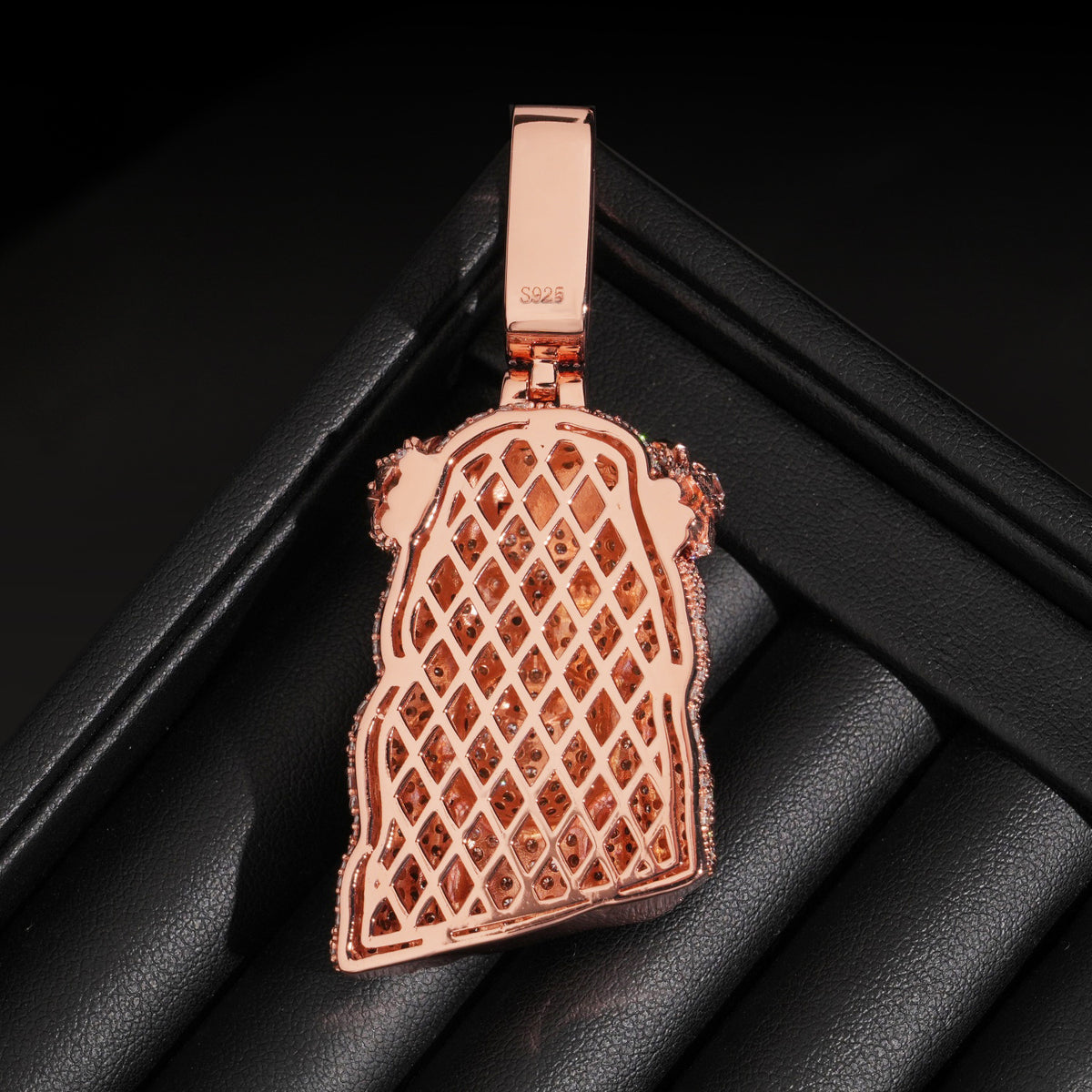 Back view of a moissanite Jesus Piece pendant showing the S925 sterling silver stamp