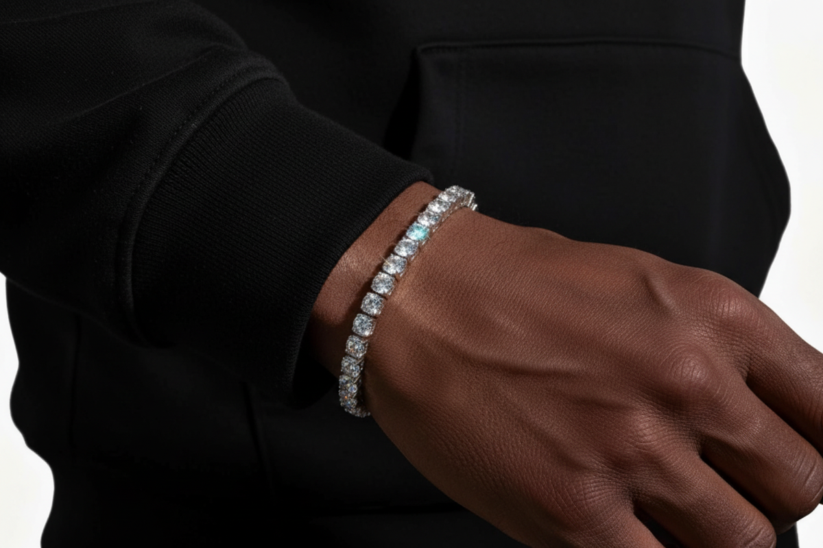 Moissanite tennis bracelet worn in a dark streetwear style photo