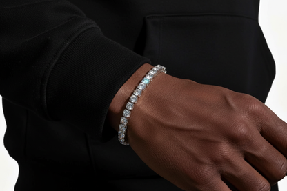 Moissanite tennis bracelet worn in a dark streetwear style photo