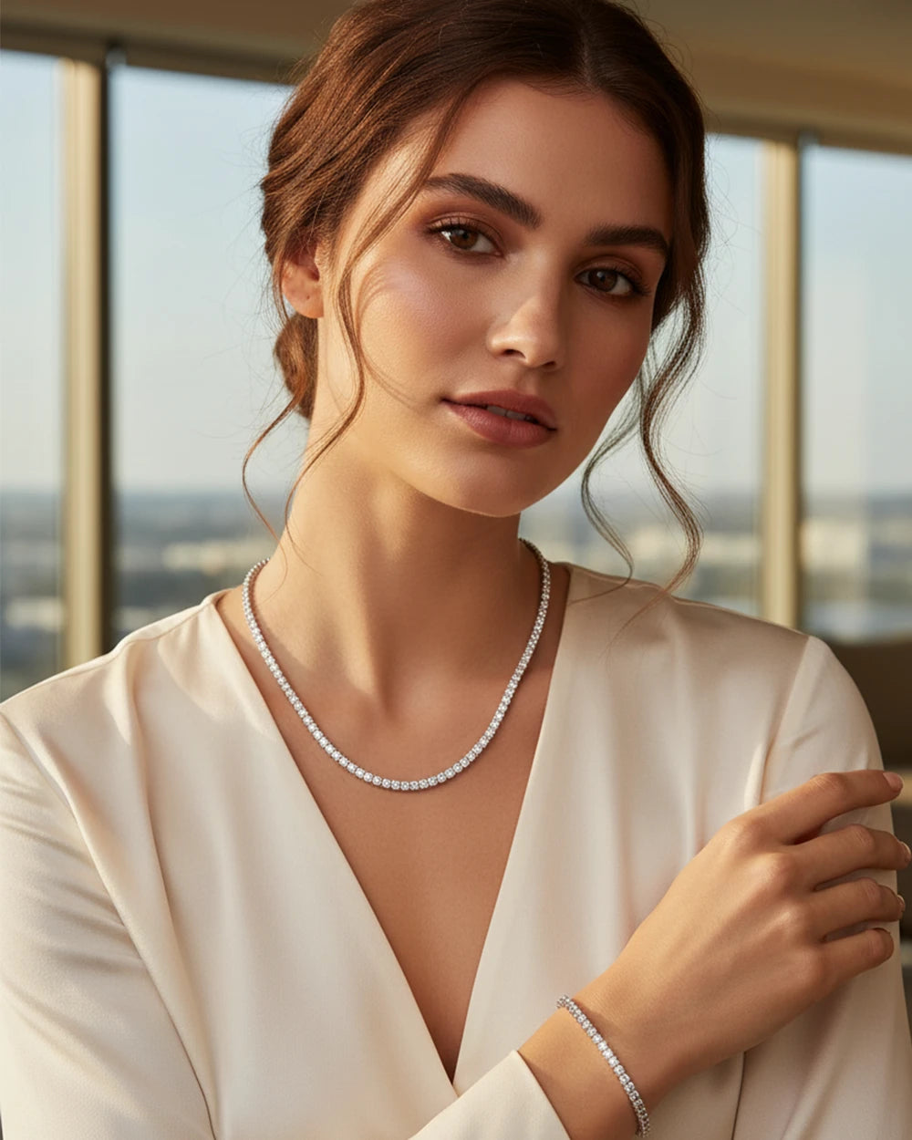 Luxury moissanite tennis necklace jewelry styling shot