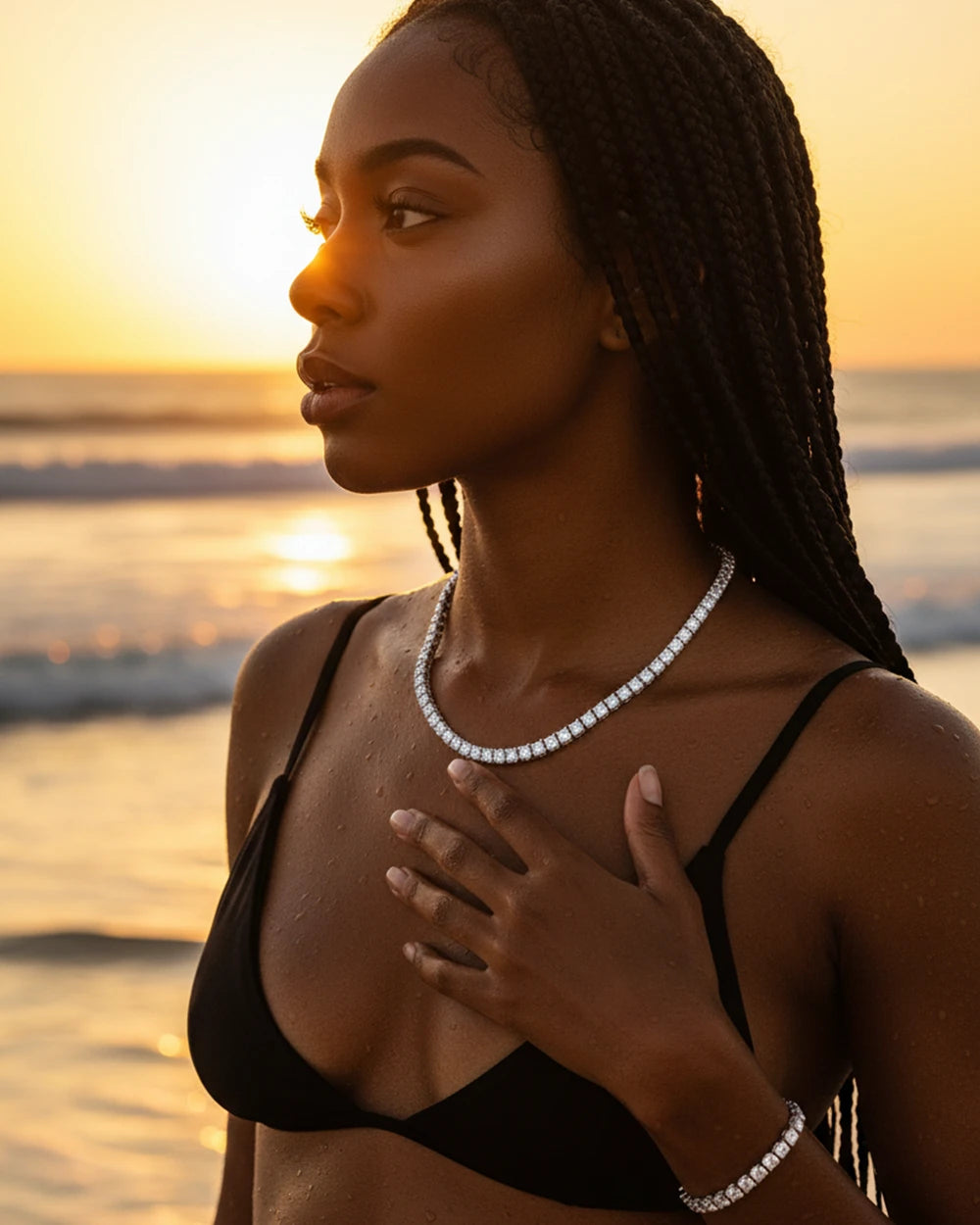 Moissanite tennis necklace styled in a fashion lifestyle shot