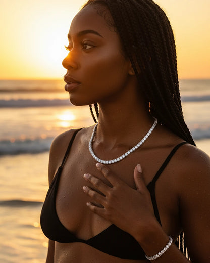 Moissanite tennis necklace styled in a fashion lifestyle shot