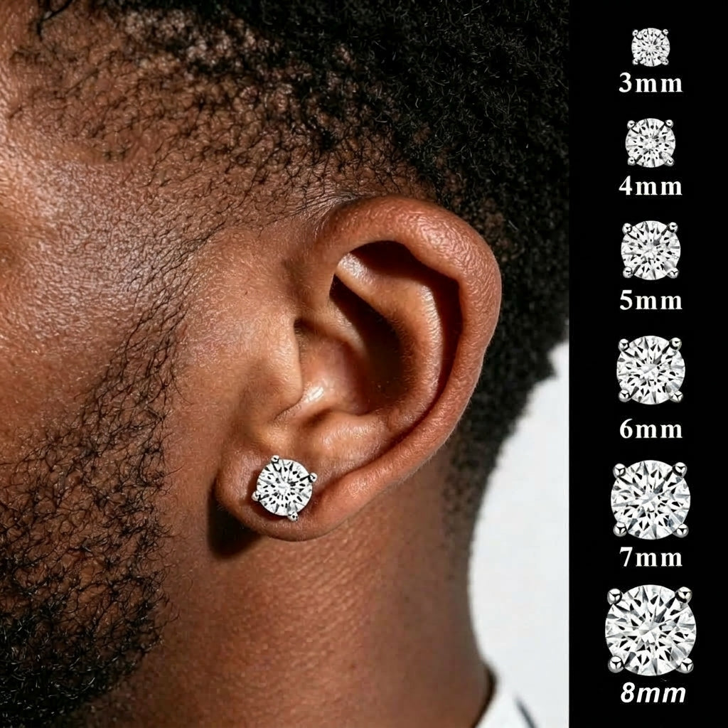Man wearing a moissanite stud earring with size comparison chart from 3mm to 8mm